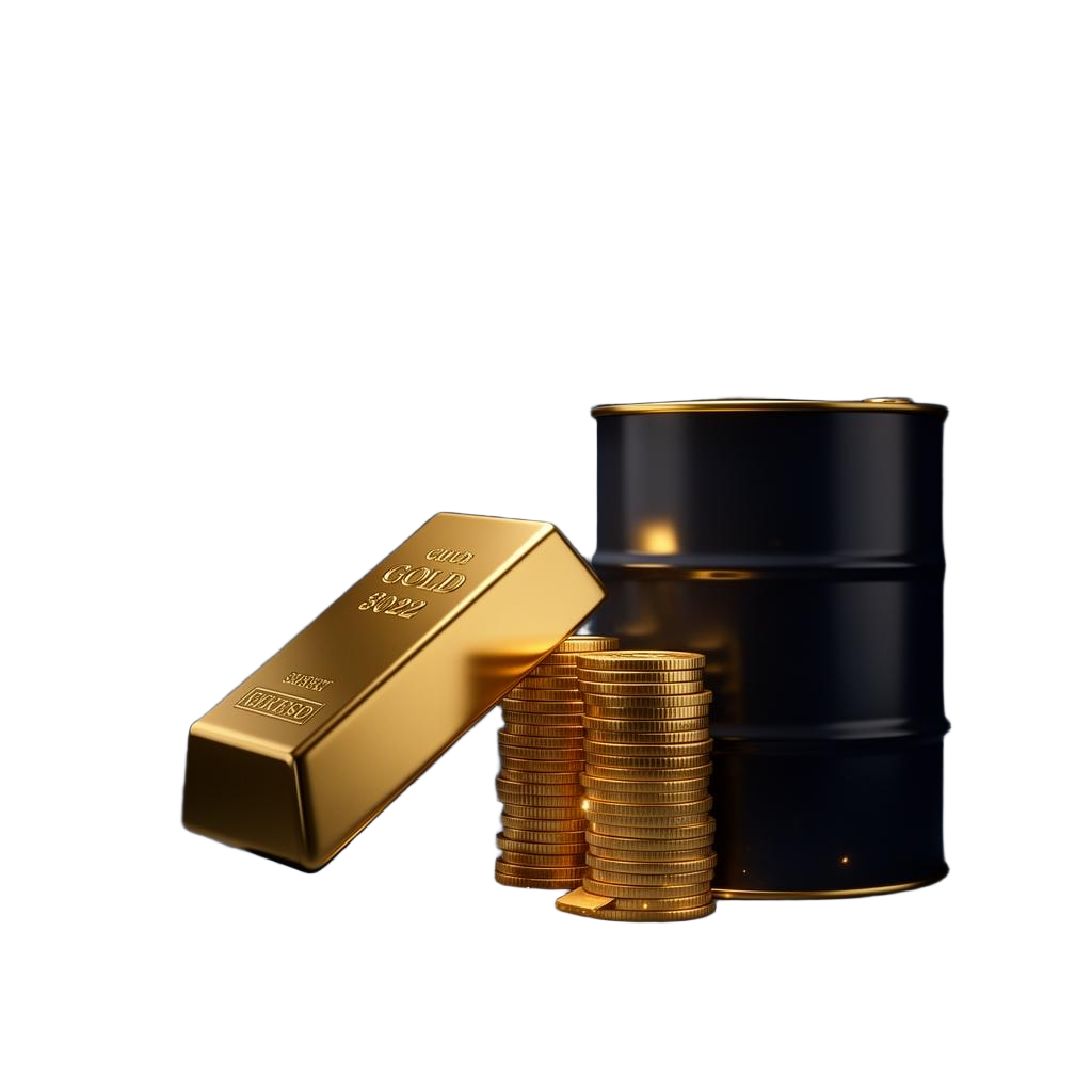 Gold bar, oil barrel and coins